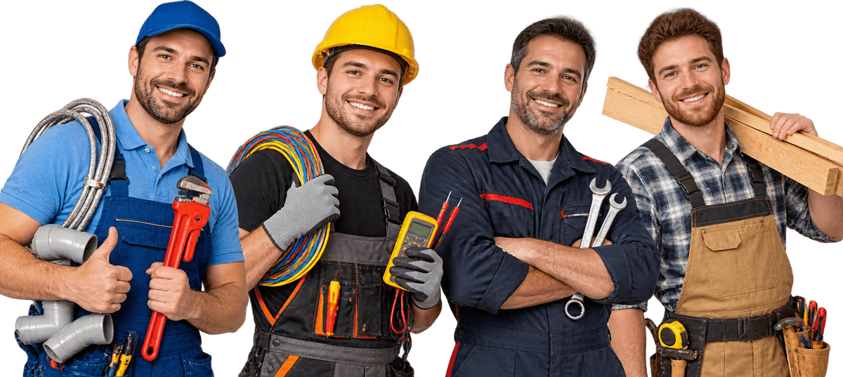 Quatre professionnels du bâtiment réunis : plombier, électricien, mécanicien et menuisier