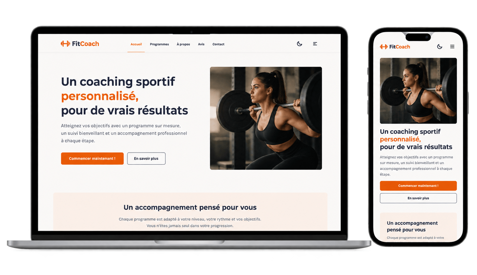 Exemple de site de coach sportif créé par Mon Site Direct, présenté sur ordinateur portable et smartphone