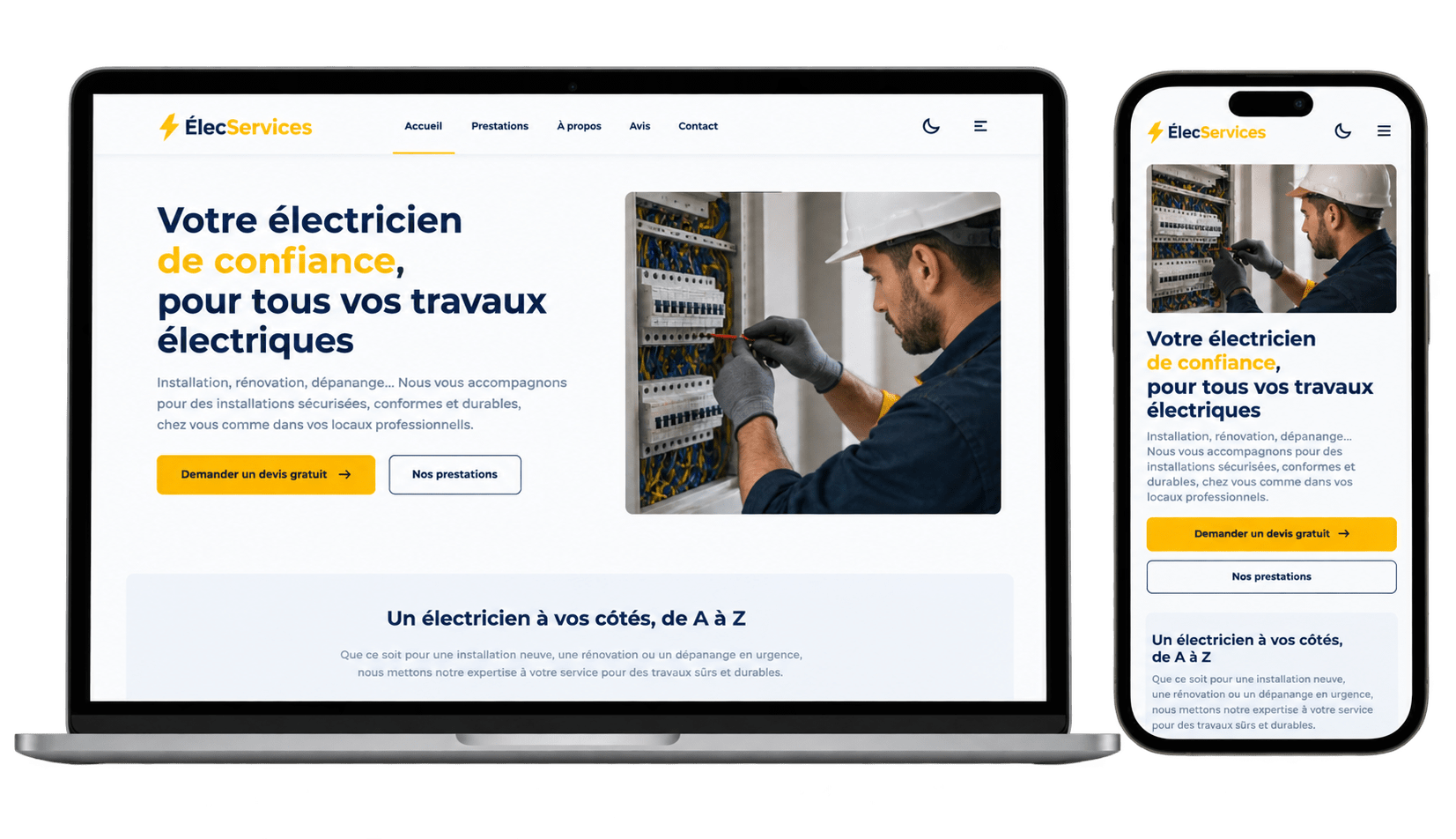 Exemple de site d'électricien créé par Mon Site Direct, présenté sur ordinateur portable et smartphone