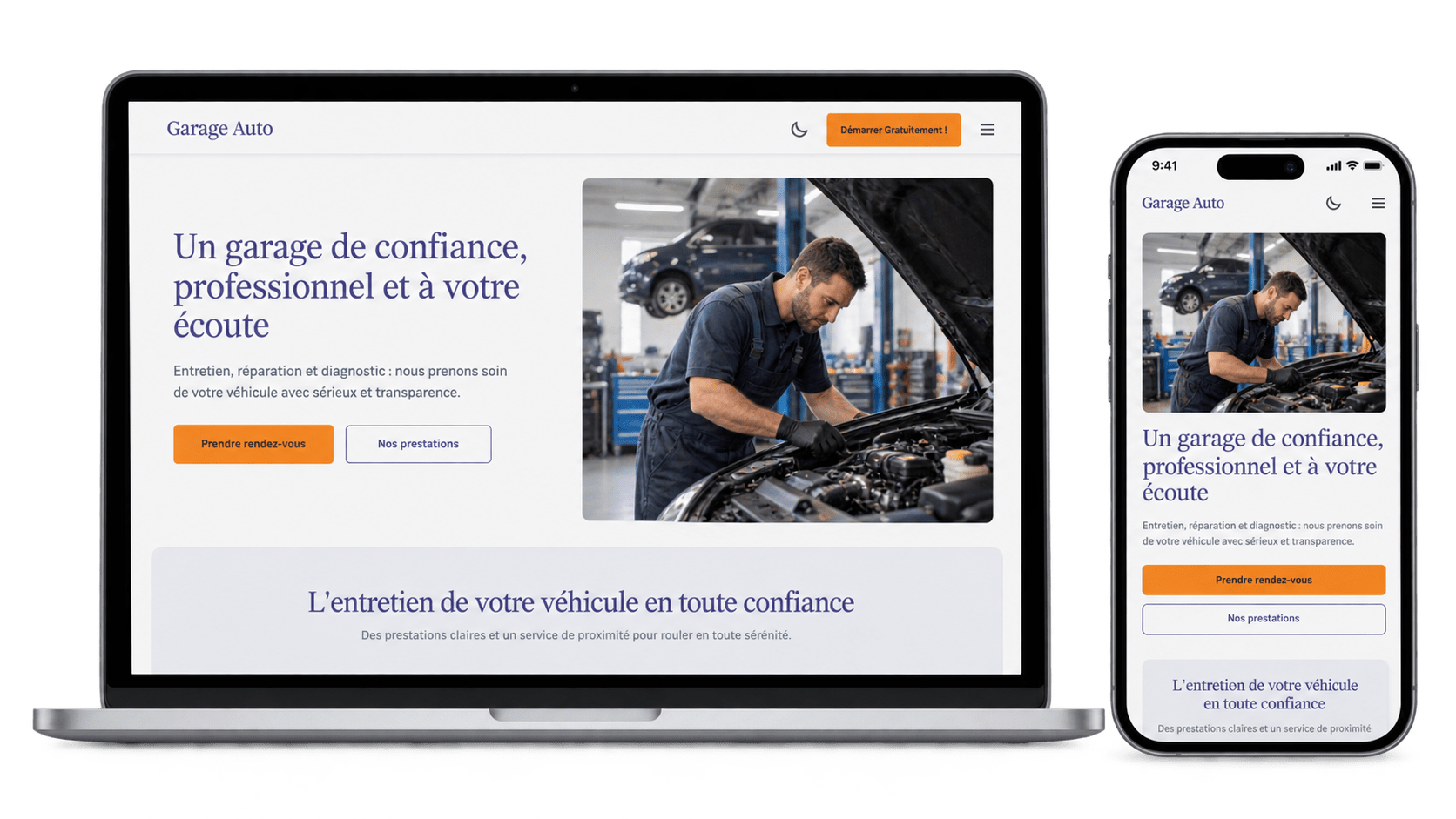 Exemple de site de garagiste créé par Mon Site Direct, présenté sur ordinateur portable et smartphone