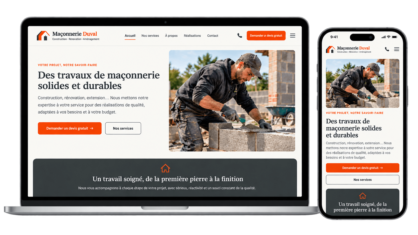 Exemple de site de maçon créé par Mon Site Direct, présenté sur ordinateur portable et smartphone