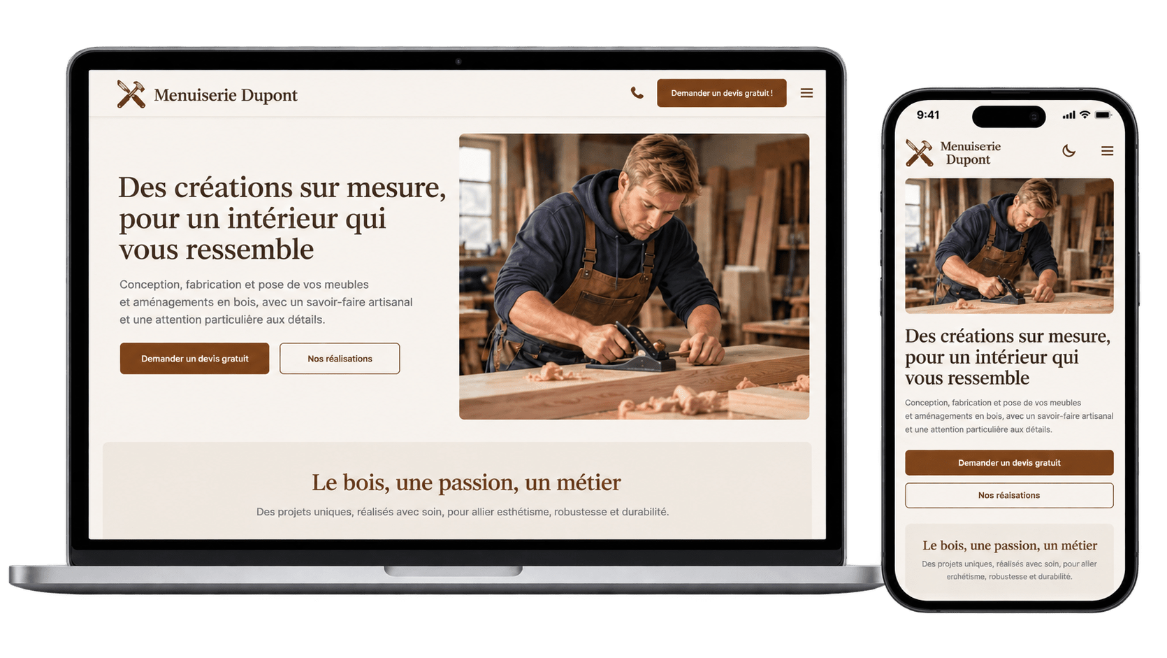 Exemple de site de menuisier créé par Mon Site Direct, présenté sur ordinateur portable et smartphone