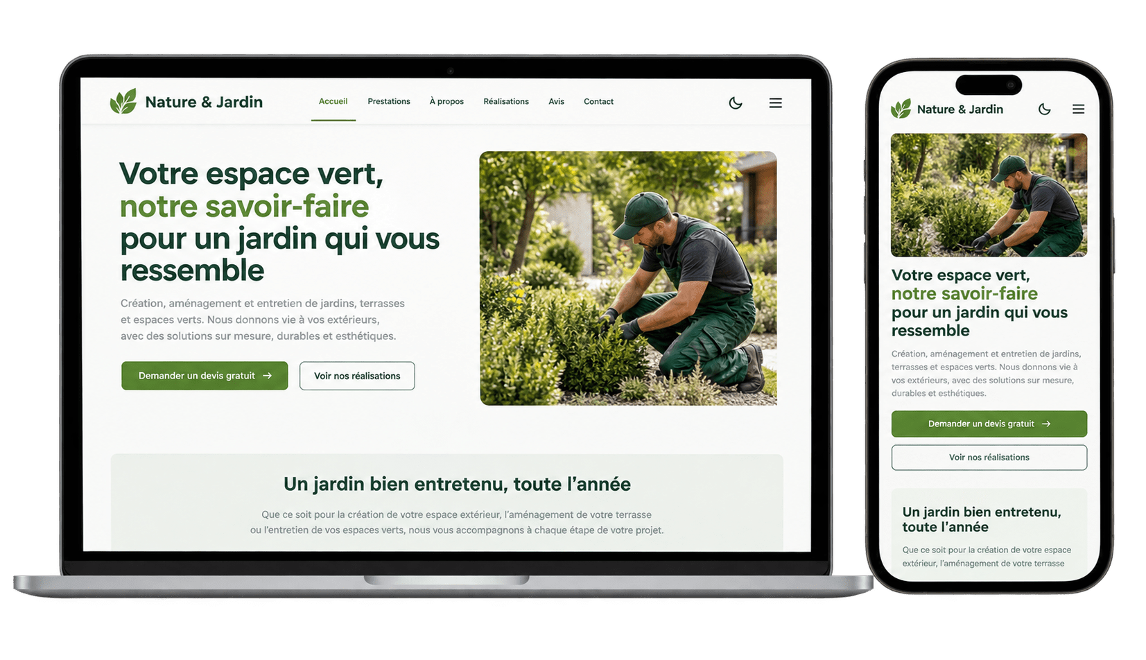 Exemple de site de paysagiste créé par Mon Site Direct, présenté sur ordinateur portable et smartphone