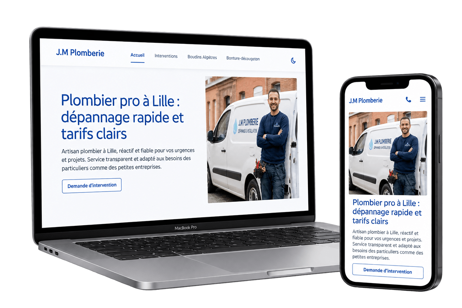 Exemple de site de plombier créé par Mon Site Direct, présenté sur MacBook et iPhone
