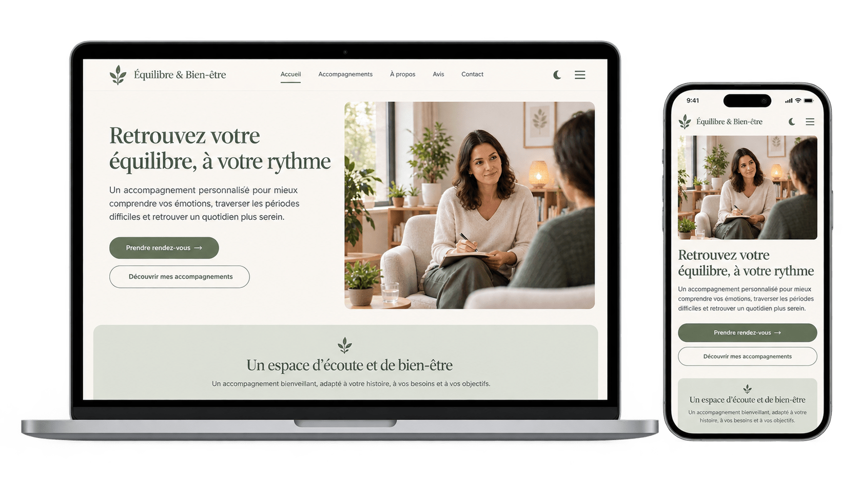 Exemple de site de thérapeute créé par Mon Site Direct, présenté sur ordinateur portable et smartphone